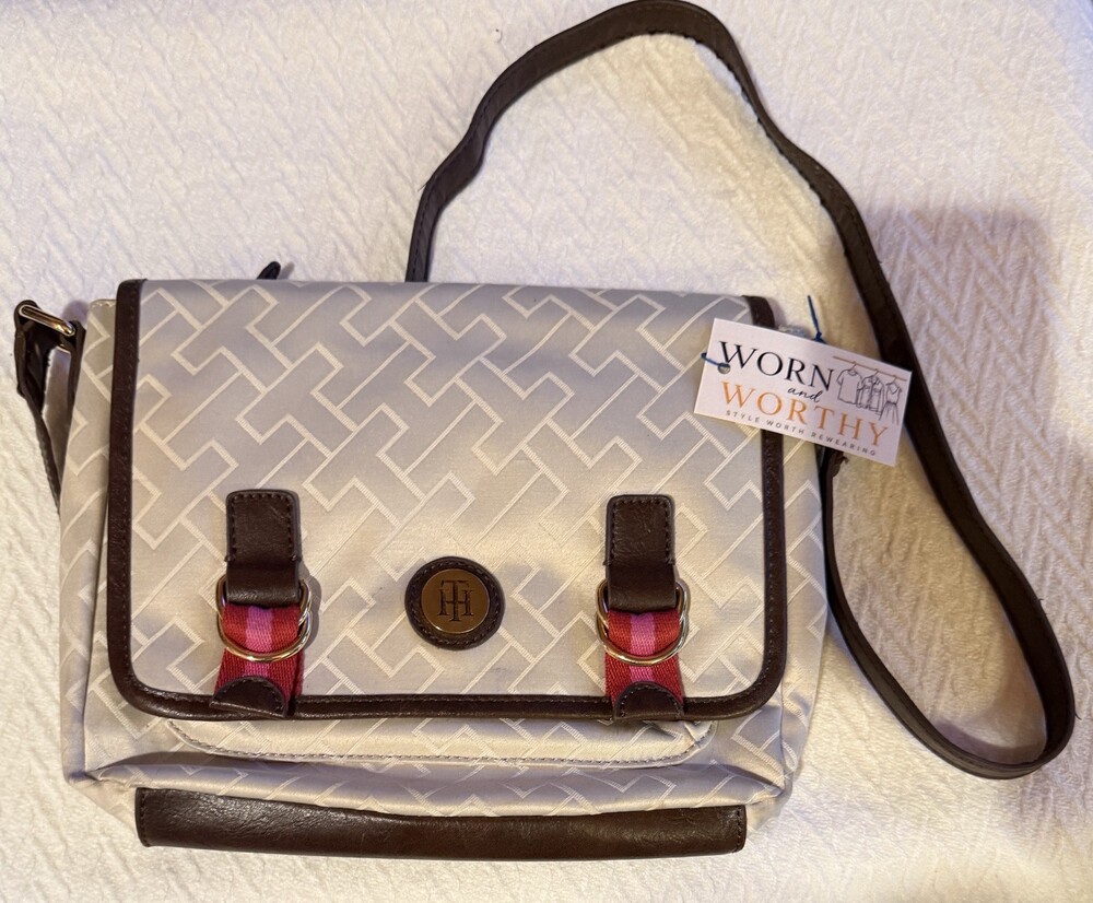 Tommy Hilfiger Crossbody Messenger Bag TH Monogram Jacquard Brown Red 2012.